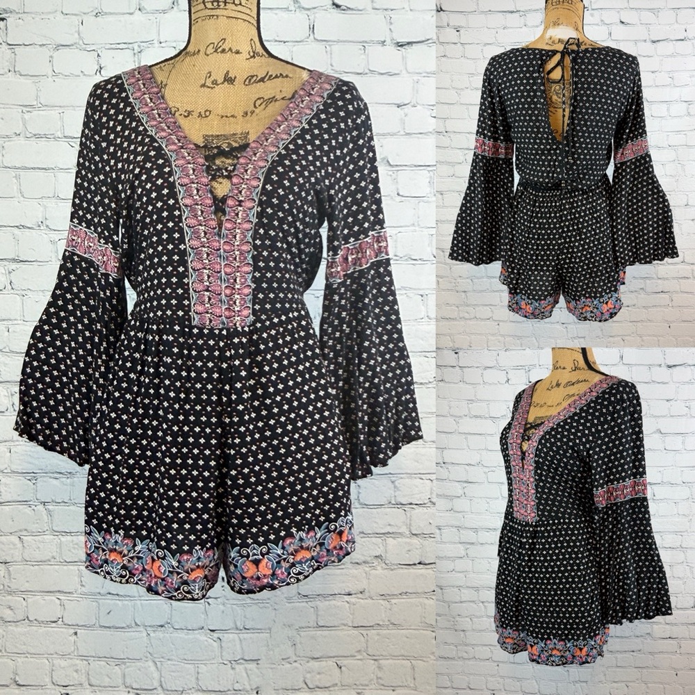 Angie Boho Print Lace Up Bell Sleeve Romper
